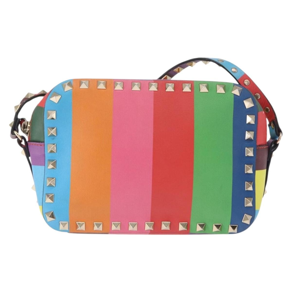 Valentino Garavani Rockstud 1973 Camera Crossbody Bag Striped Leather Gold Leather Shoulder Bag Bag (Pre-Owned)