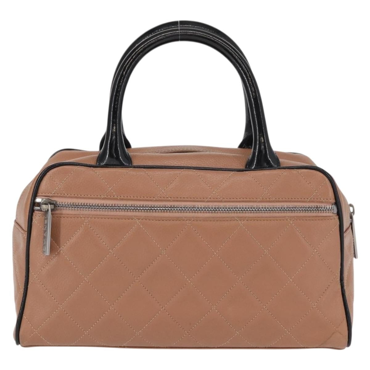 Chanel Embossed Logo Bowler Bag Quilted Caviar Beige Leather Handbag (Pre-Owned)
