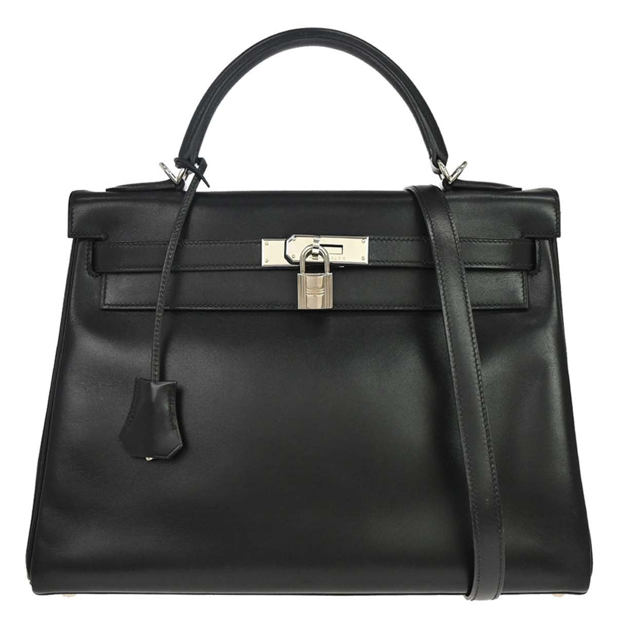 Hermes Kelly Handbag Black Box Calf With Palladium Hardware Black Leather Handbag (Pre-Owned)