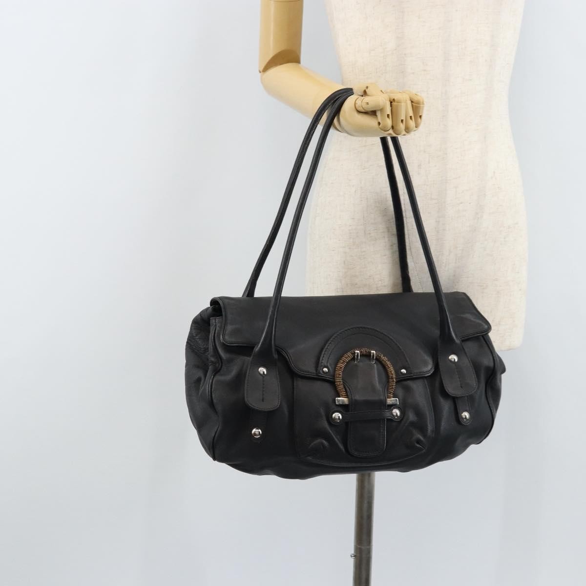 Salvatore Ferragamo Gancini Handbag Leather Black Leather Handbag (Pre-Owned)
