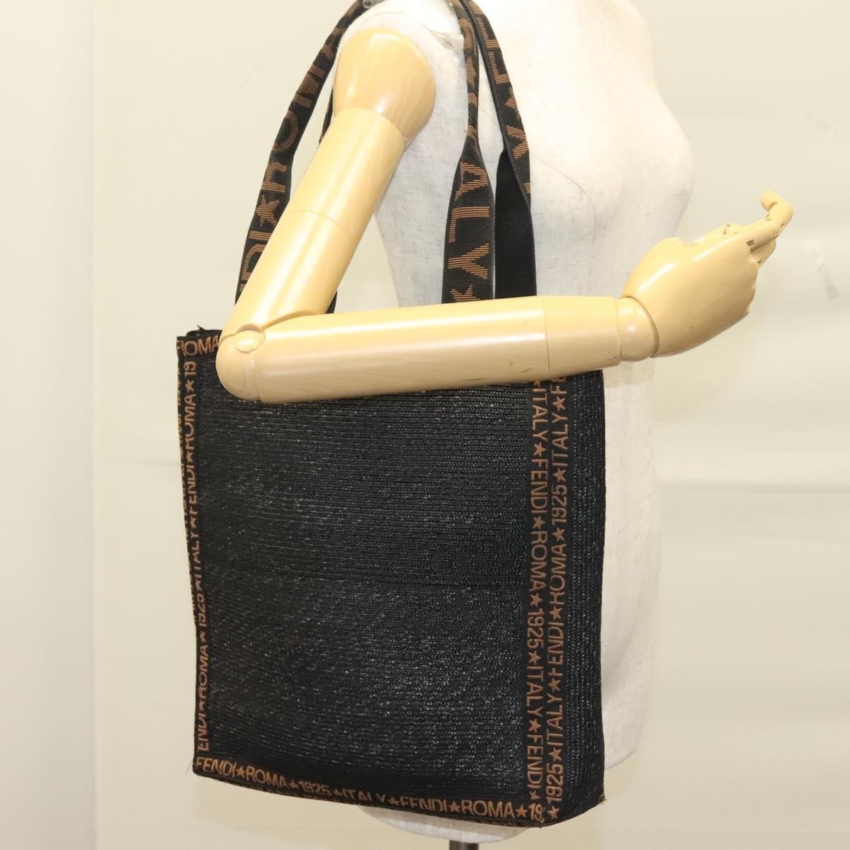 Fendi Zucca Tote Bag Straw Black Wood Tote Bag Bag (Pre-Owned)