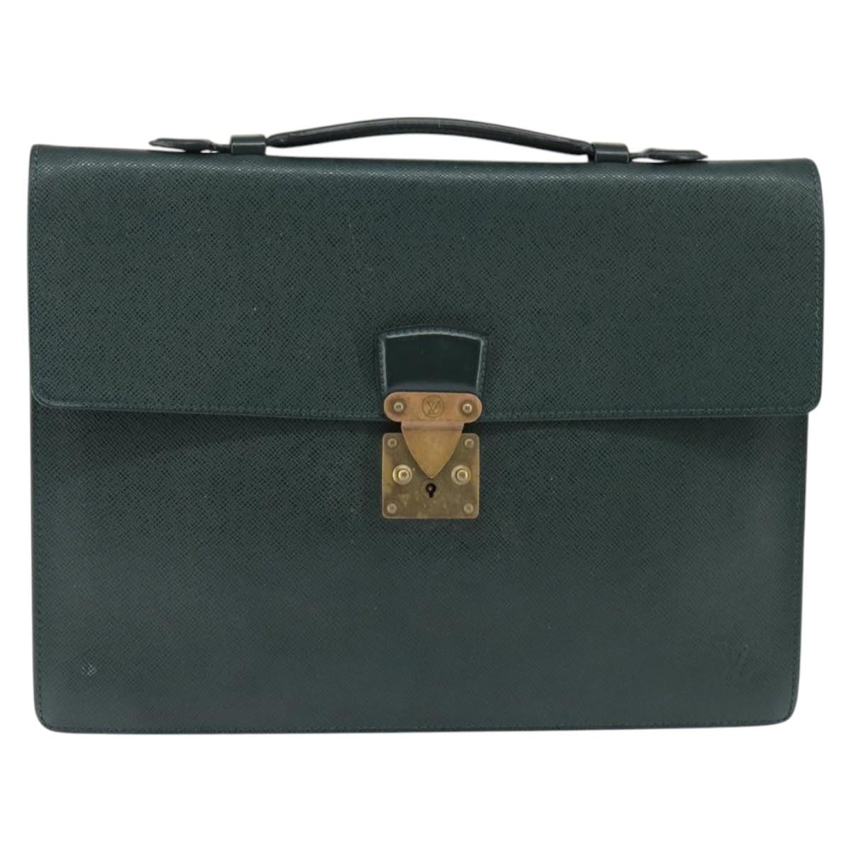 Louis Vuitton Serviette Kourad Briefcase Taiga Leather Green Leather Briefcase Bag (Pre-Owned)