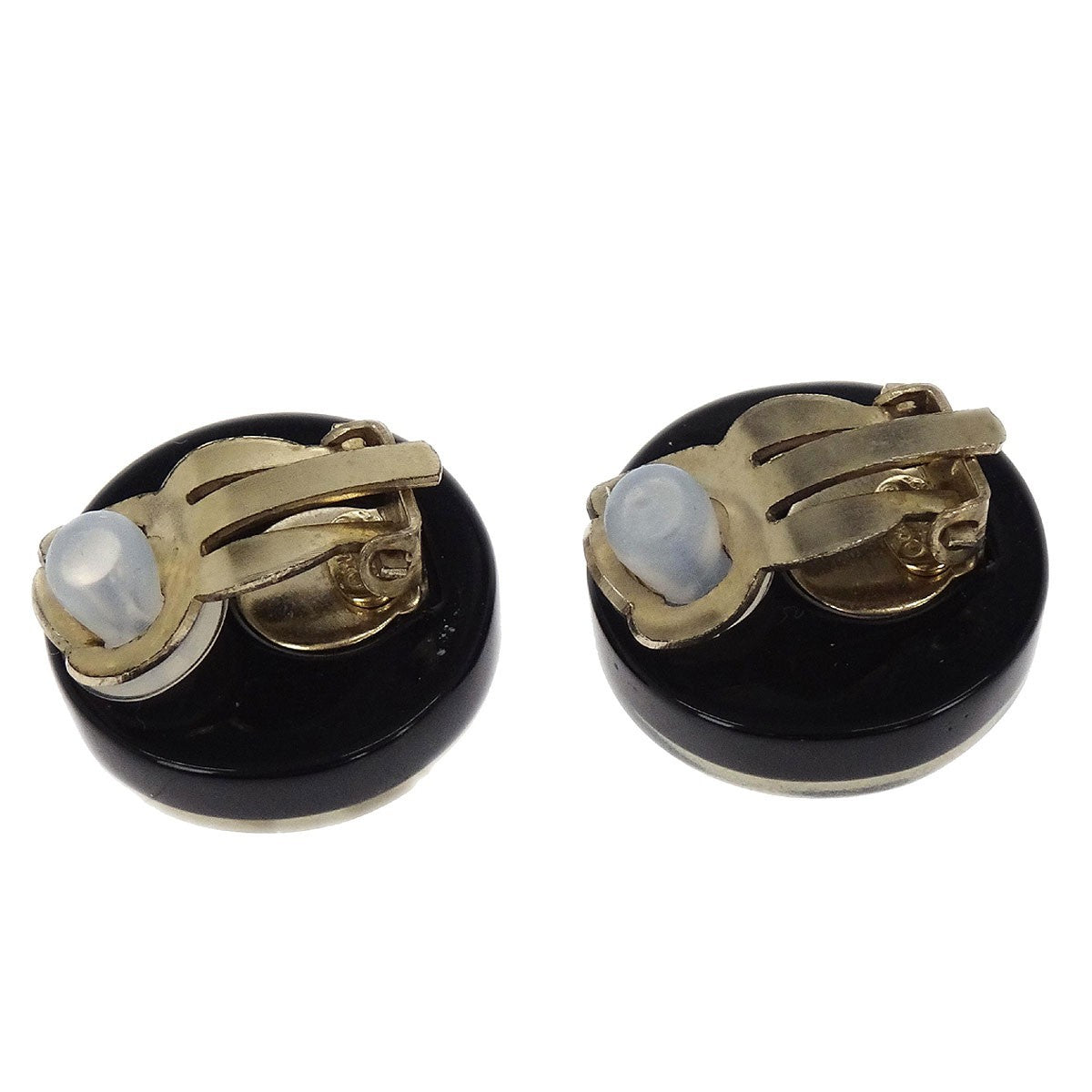 Chanel Vintage Cc Round Button Clip-On Earrings Metal Black Plastic Earrings Jewelry (Pre-Owned)