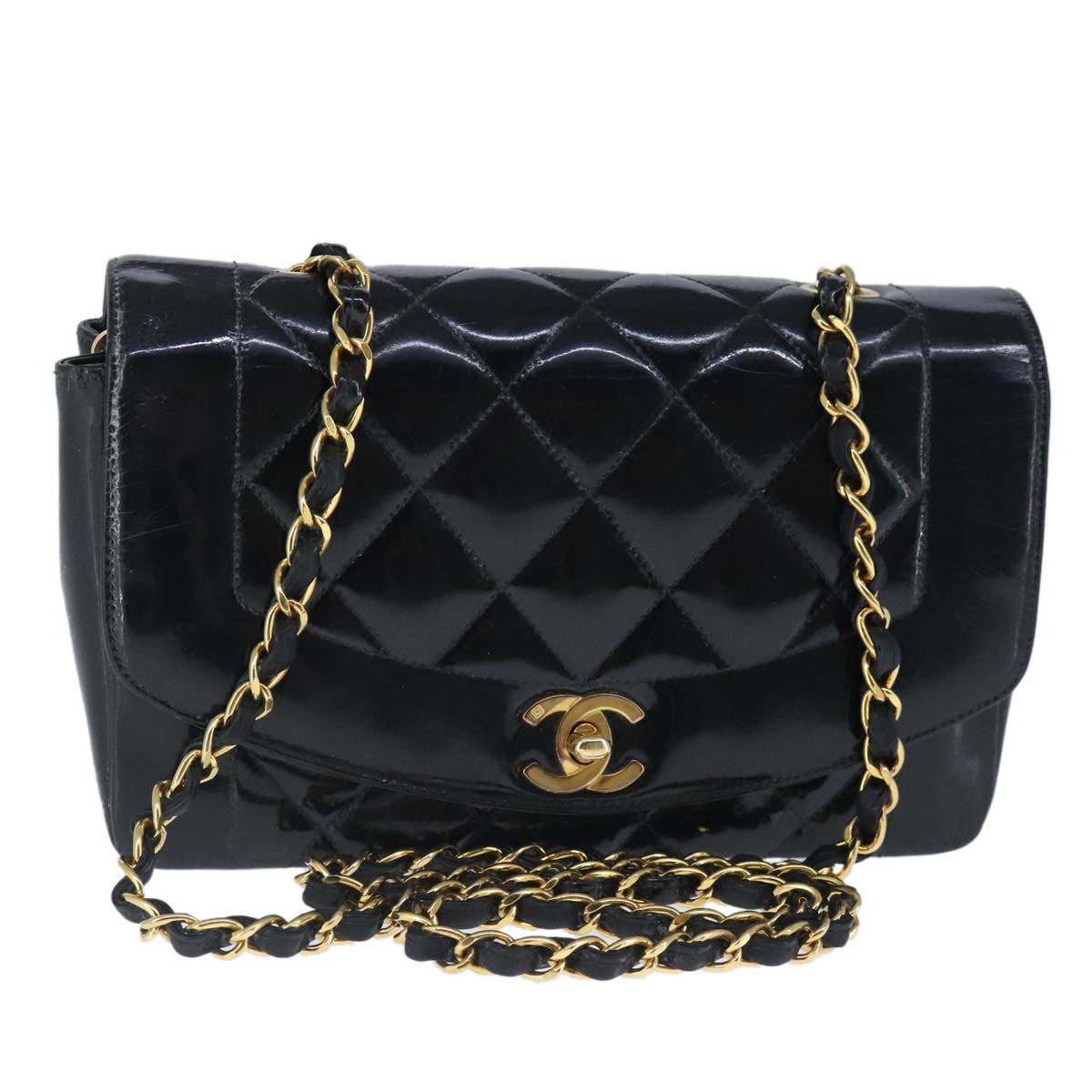 Chanel Vintage So Black Diana Flap Bag Quilted Patent Black Patent_Leather Shoulder Bag Bag (Pre-Owned)