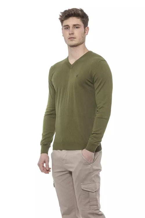 Conte of Florence Elegant V-Neck Green Cotton Men's Sweater