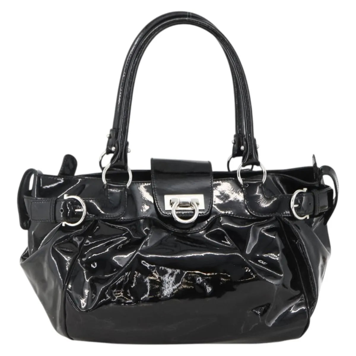 Salvatore Ferragamo Gancini Patent Leather Black Patent_Leather Handbag (Pre-Owned)