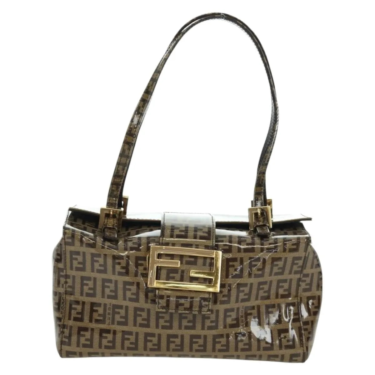 Fendi Mamma Baguette Zucca Patent Leather Brown Canvas Shoulder Bag Bag (Pre-Owned)