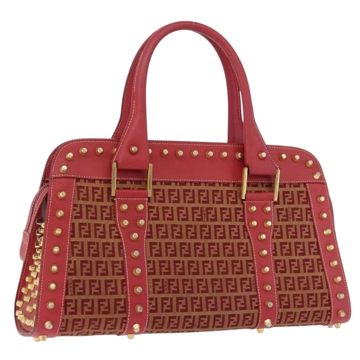 Fendi Studded Handle Canvas Red Canvas Handbag (Pre-Owned)