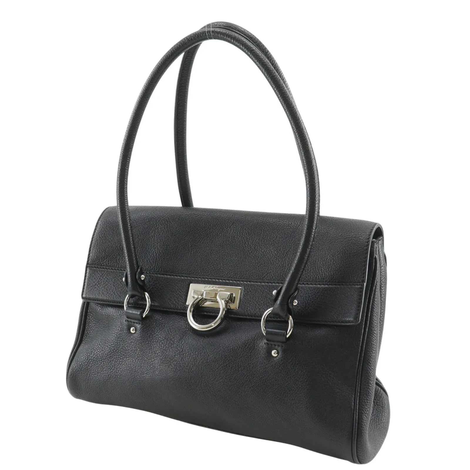 Salvatore Ferragamo Gancini Satchel Leather Black Leather Shoulder Bag Bag (Pre-Owned)