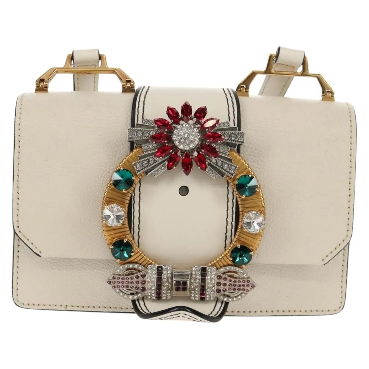 Miu Miu Madras Crystal Buckle Leather White Leather Shoulder Bag Bag (Pre-Owned)