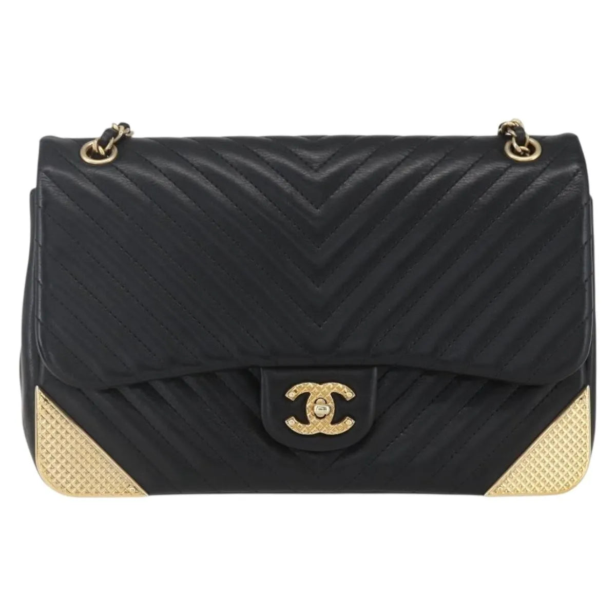 Chanel Double Chevron Flap Quilted Leather Black Leather Shoulder Bag Bag (Pre-Owned)