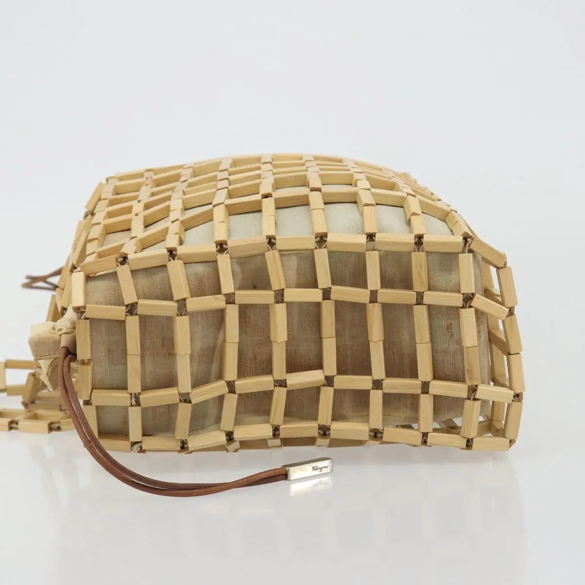 Salvatore Ferragamo Wood Mesh Drawstring Canvas Beige Canvas Handbag (Pre-Owned)