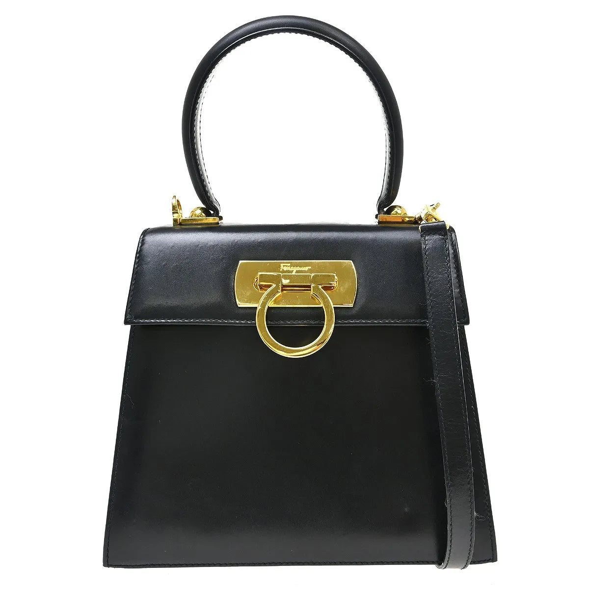 Salvatore Ferragamo Gancini Convertible Top Handle Leather Black Leather Handbag (Pre-Owned)