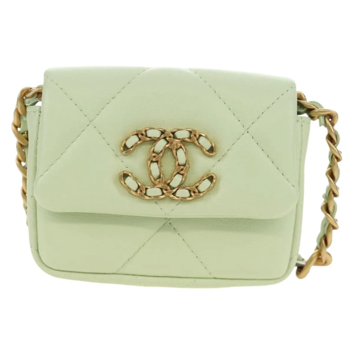 Chanel 19 Convertible Flap Coin Purse With Chain Quilted Lambskin Green Leather Shoulder Bag Bag (Pre-Owned)