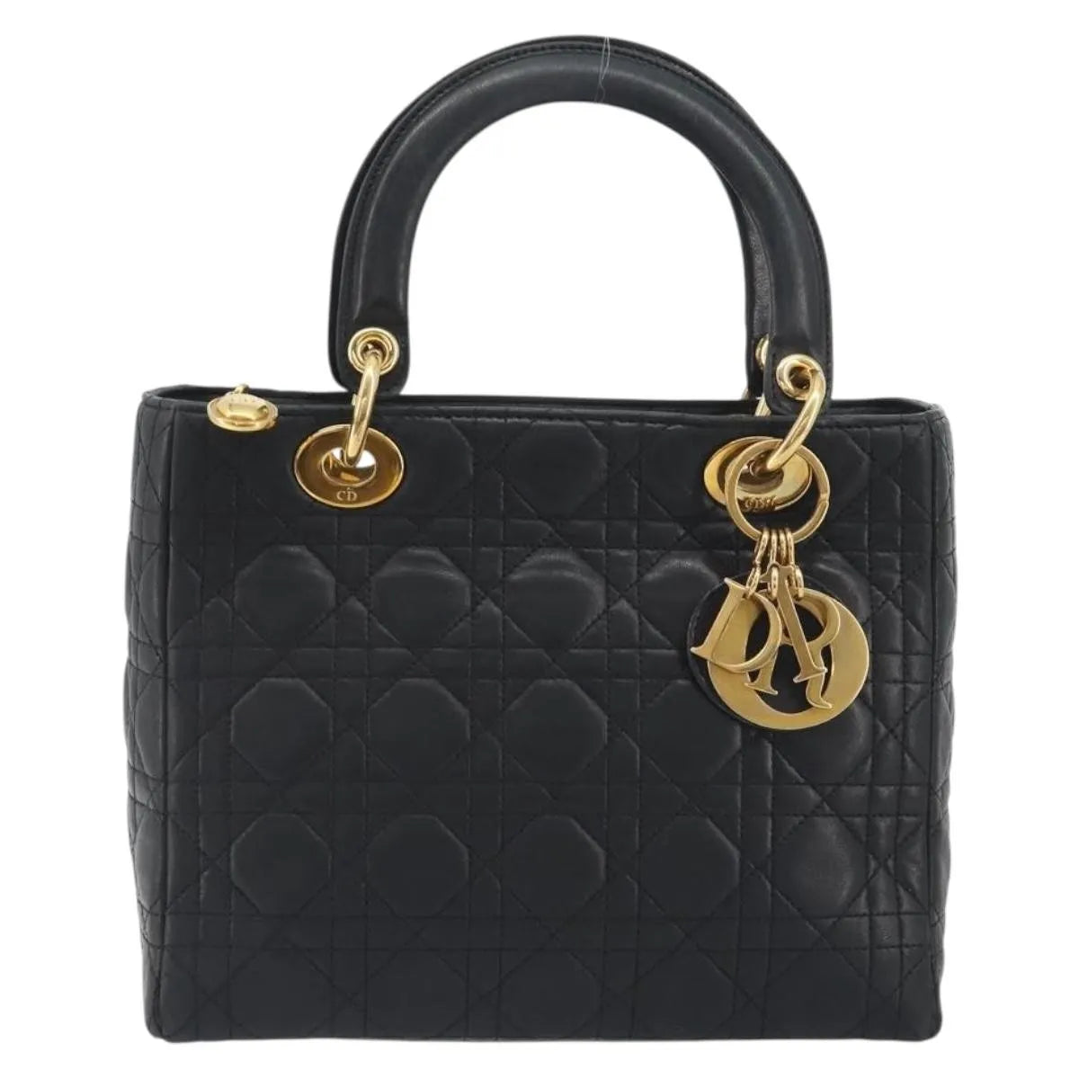 Christian Dior Vintage Lady Dior Cannage Quilt Lambskin Black Leather Handbag (Pre-Owned)
