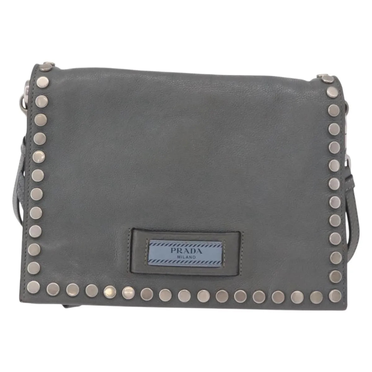 Prada Etiquette Flap Studded Glace Calfskin Gray Leather Shoulder Bag Bag (Pre-Owned)