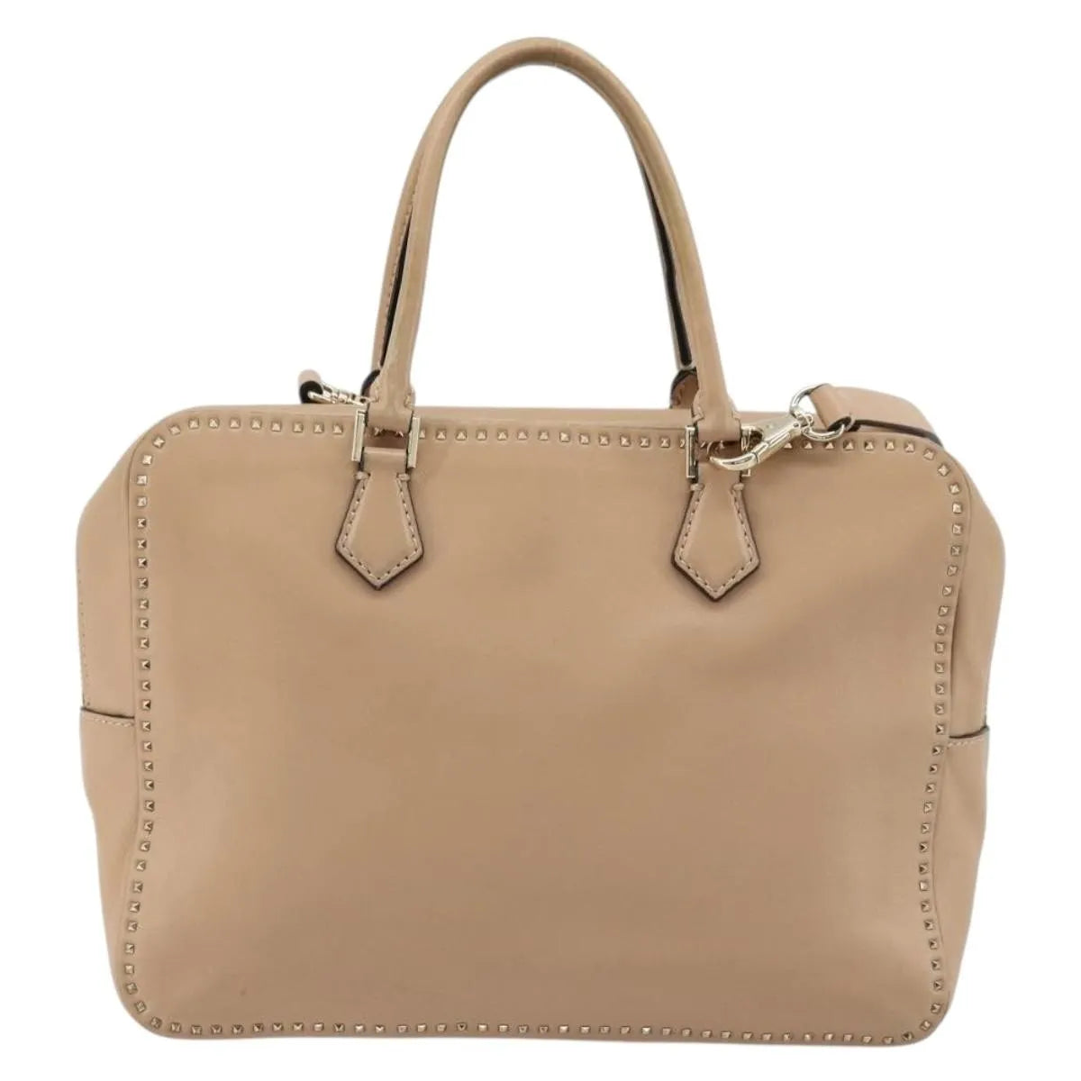Valentino Garavani Convertible Zip Satchel Leather With Micro Rockstuds Beige Leather Handbag (Pre-Owned)