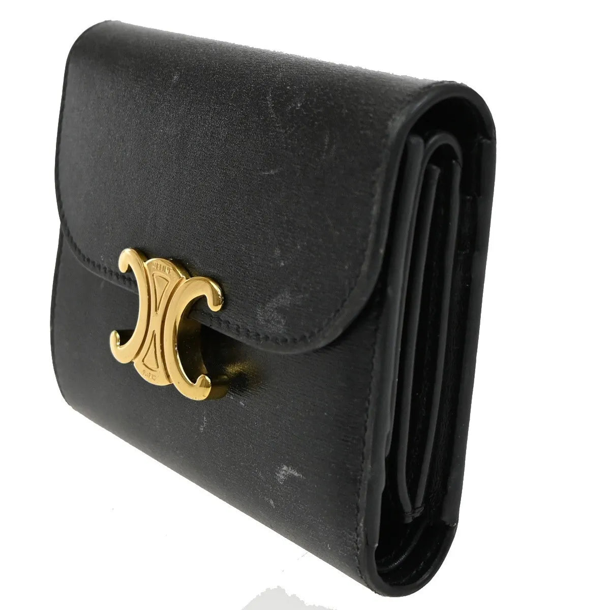 Celine Triomphe Trifold Leather Black Leather Wallets Accessory (Pre-Owned)