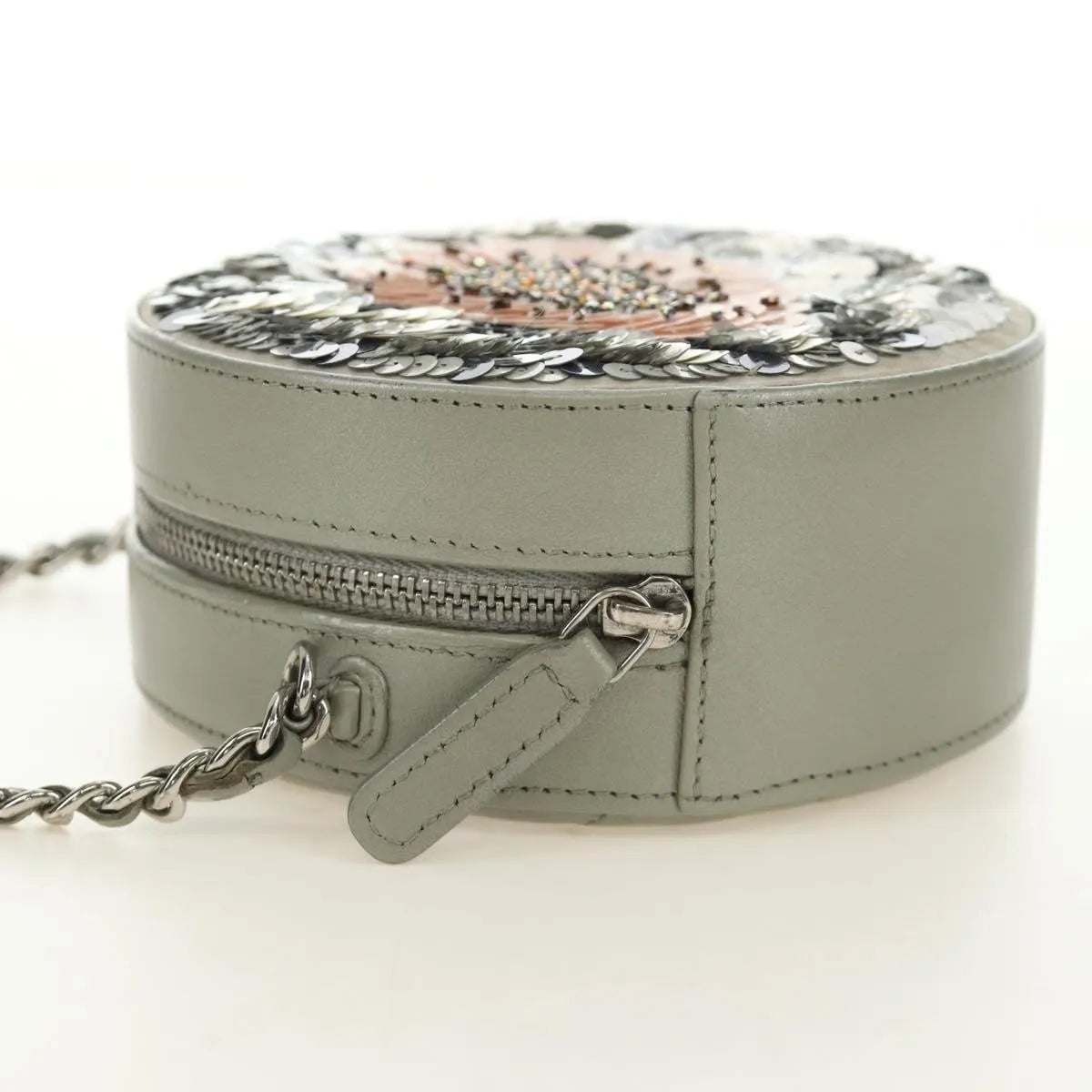 Chanel Round Clutch With Chain Sequins Gray Leather Clutche & Pouche Bag (Pre-Owned)