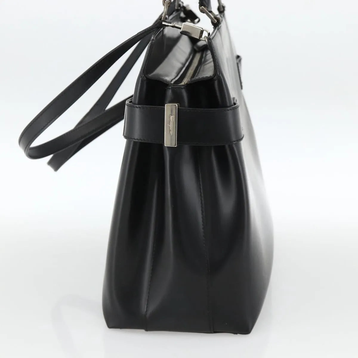 Salvatore Ferragamo Double Gancini Side Buckle Tote Leather Black Leather Handbag (Pre-Owned)