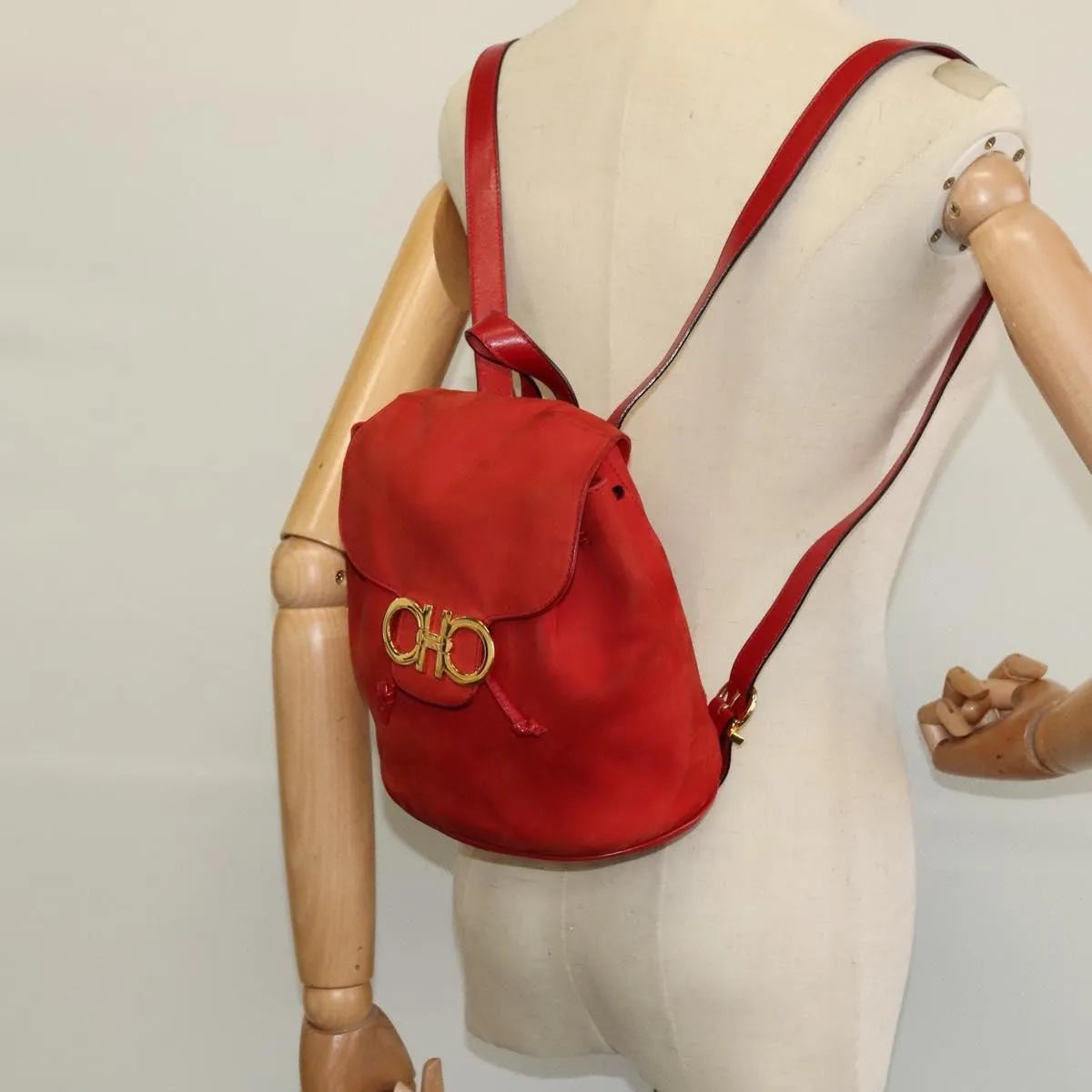 Salvatore Ferragamo Gancini Suede Red Suede Backpack Bag (Pre-Owned)