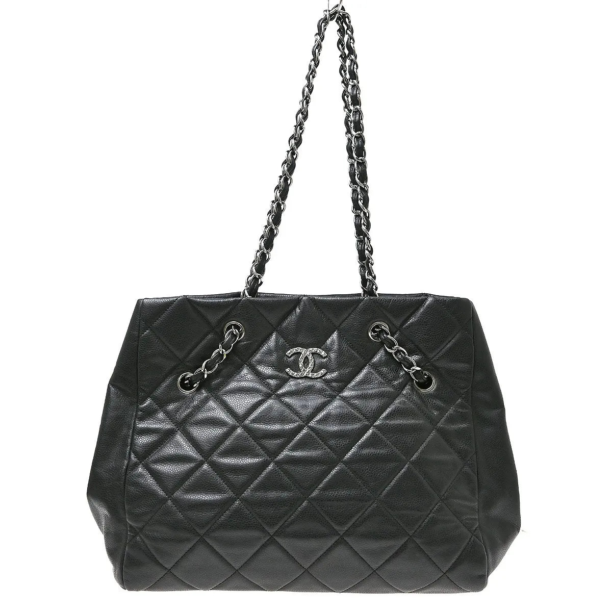 Chanel Cc Charm Chain Shopping Tote Caviar Skin Leather Black Leather Tote Bag Bag (Pre-Owned)
