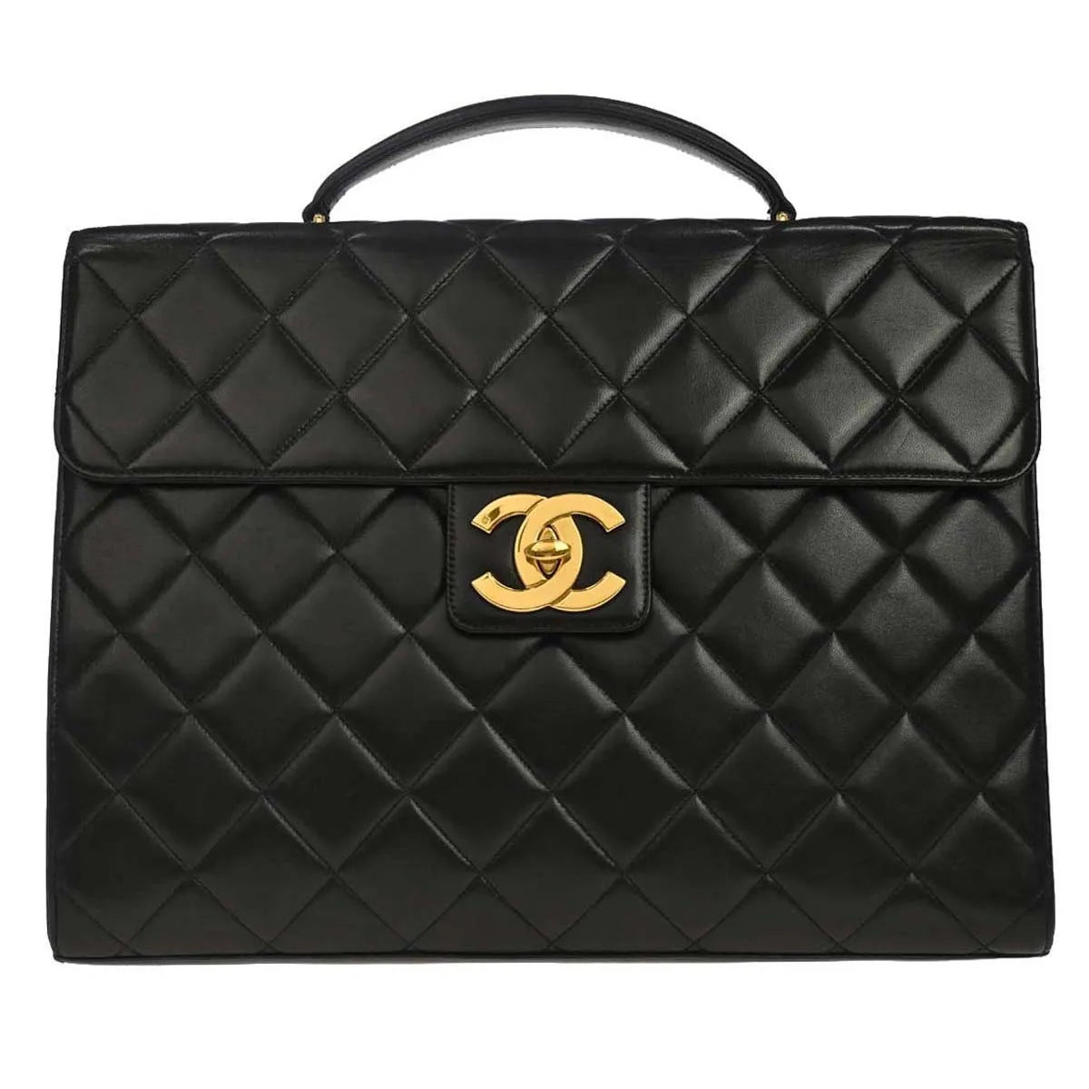 Chanel Vintage Cc Briefcase Quilted Lambskin Black Leather Briefcase Bag (Pre-Owned)