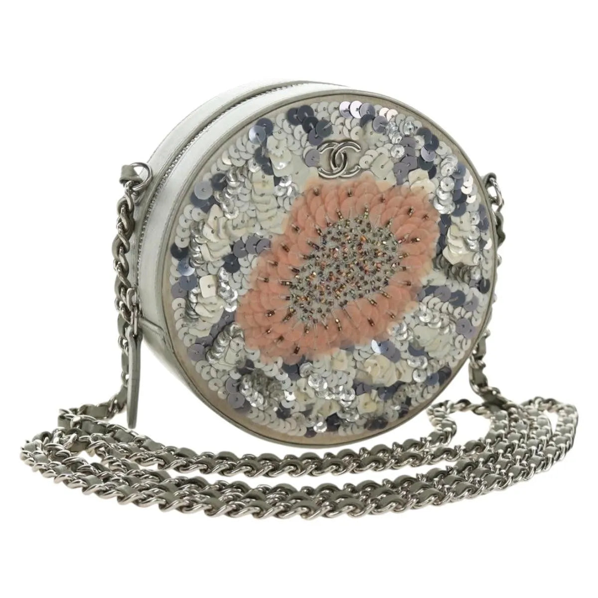 Chanel Round Clutch With Chain Sequins Gray Leather Clutche & Pouche Bag (Pre-Owned)