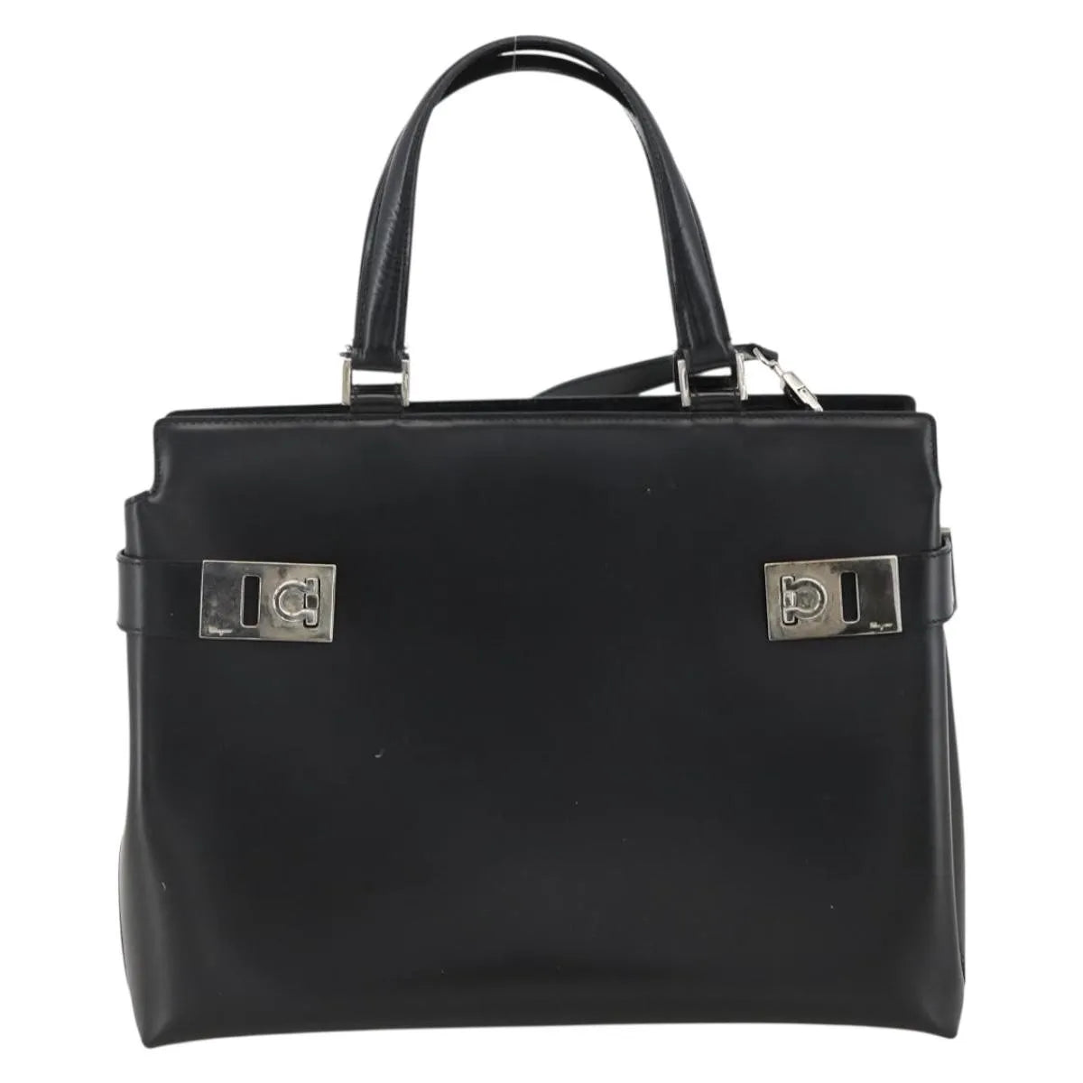 Salvatore Ferragamo Double Gancini Side Buckle Tote Leather Black Leather Handbag (Pre-Owned)