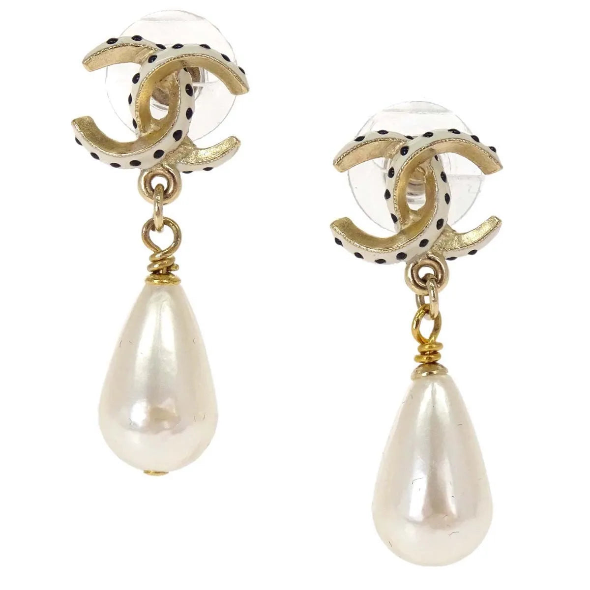 Chanel Cc Dangle Metal With Faux Pearl Gold Gold_Plated Earrings Jewelry (Pre-Owned)