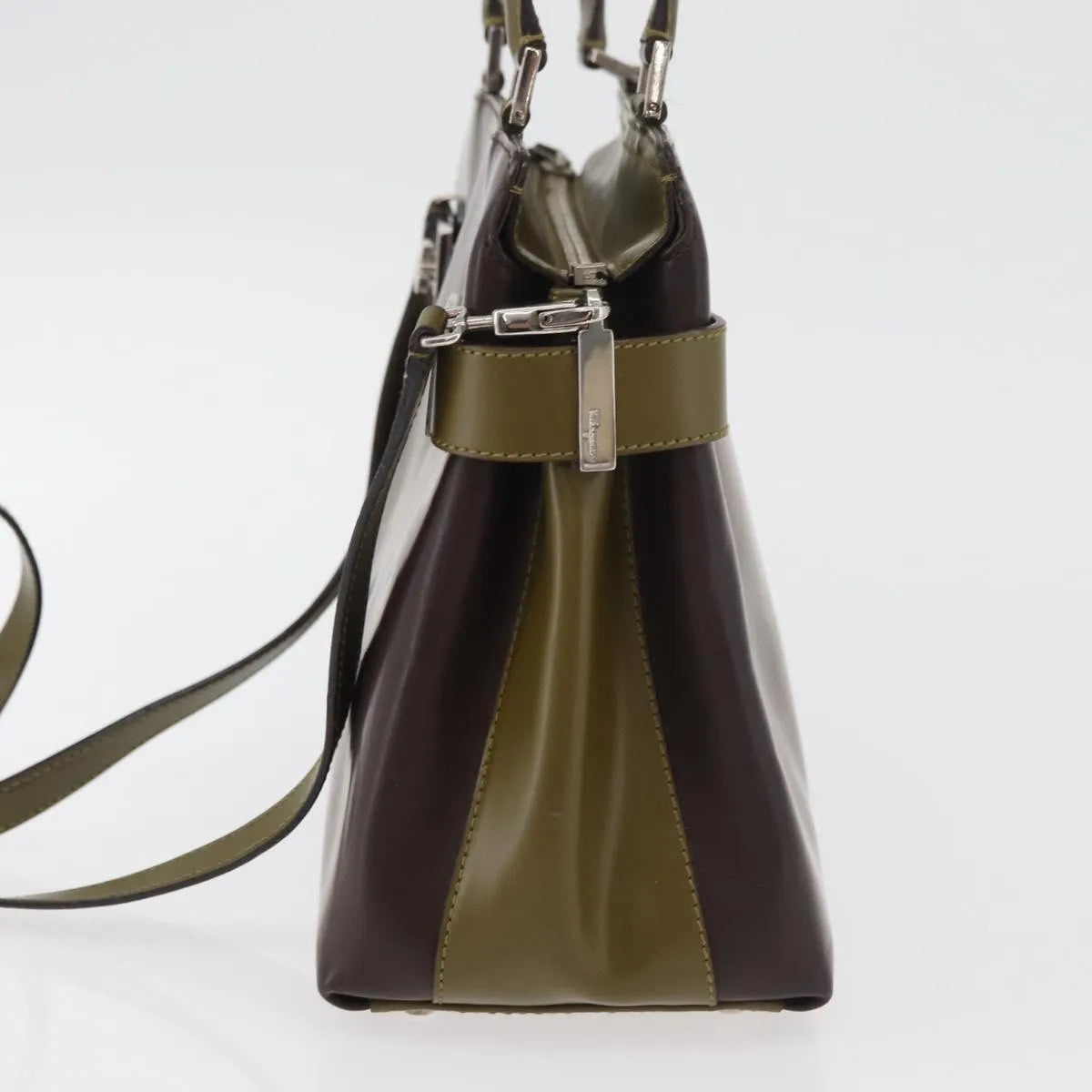 Salvatore Ferragamo Double Gancini Side Buckle Tote Patent Leather Brown Patent_Leather Handbag (Pre-Owned)