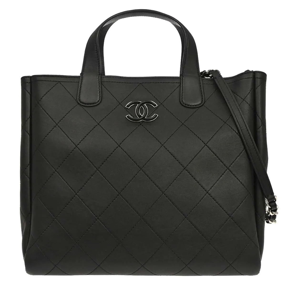 Chanel Covered Cc Shopping Tote Stitched Calfskin Black Leather Tote Bag Bag (Pre-Owned)