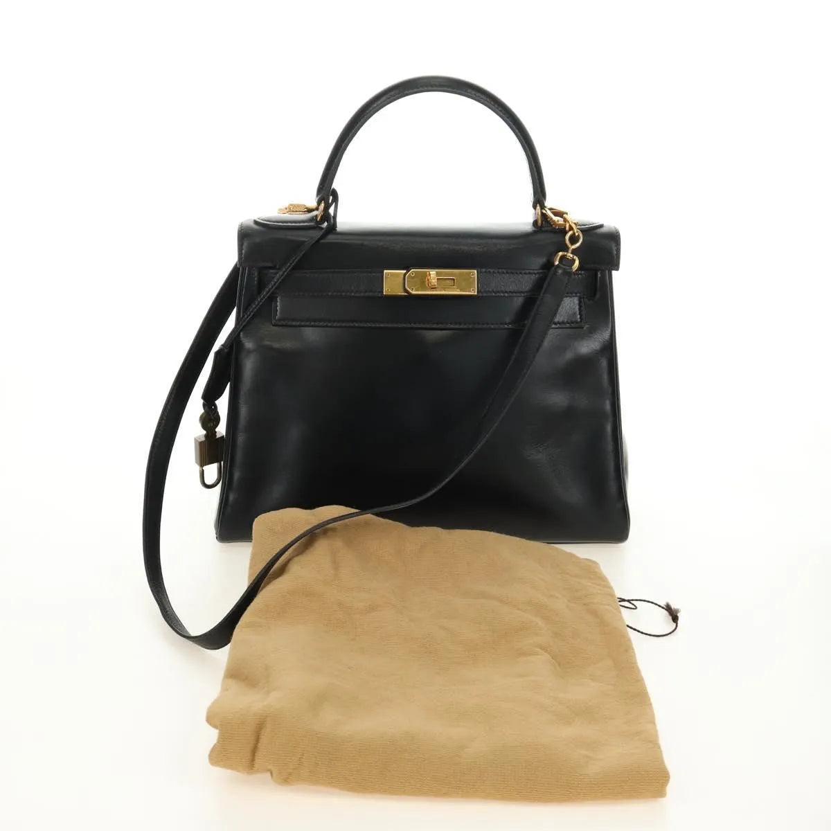 Hermes Kelly Black Box Calf With Gold Hardware Black Calfskin Handbag (Pre-Owned)
