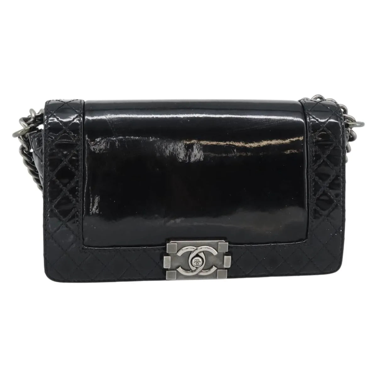Chanel Boy Flap Patent Leather Black Patent_Leather Shoulder Bag Bag (Pre-Owned)