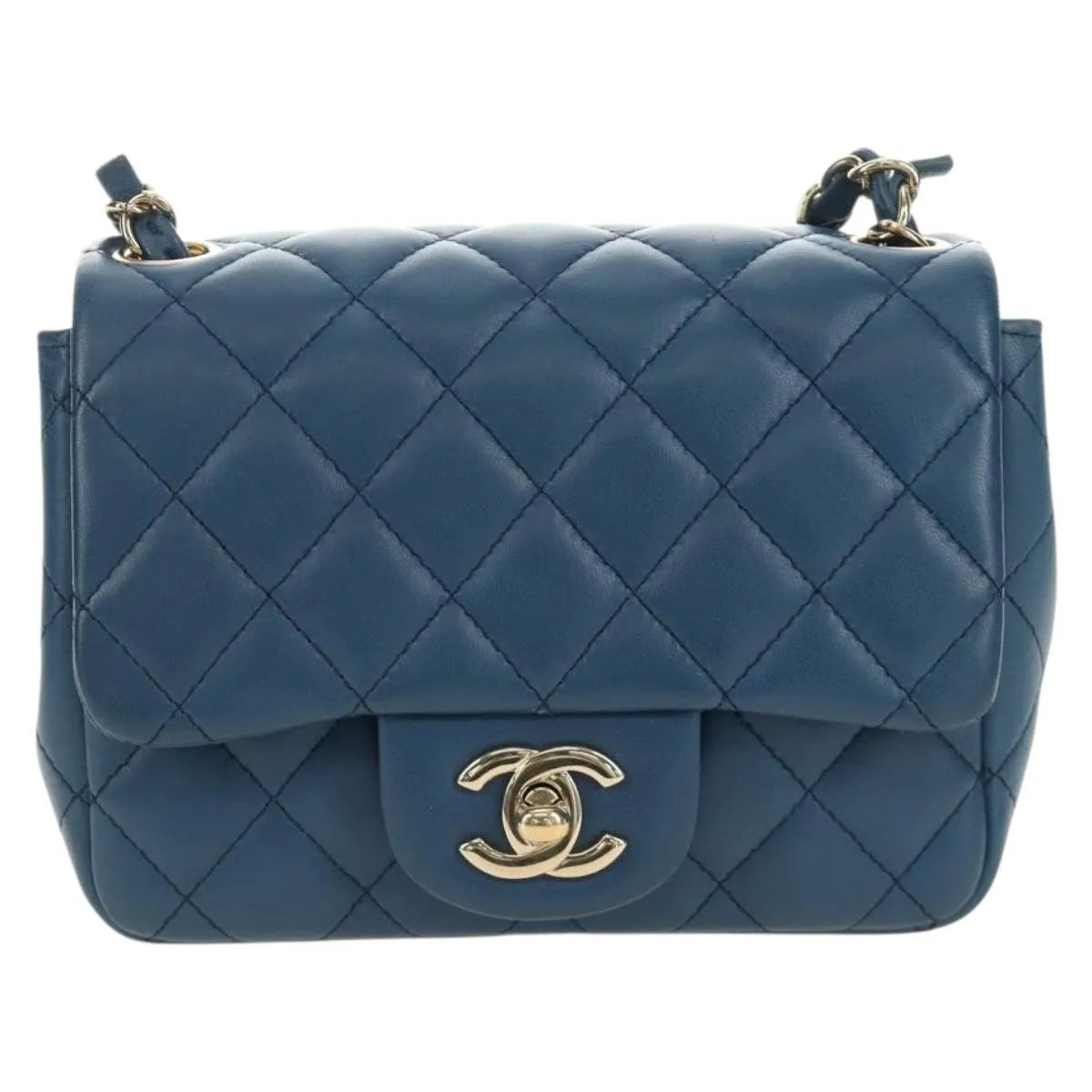 Chanel Square Classic Single Flap Quilted Lambskin Blue Leather Handbag (Pre-Owned)