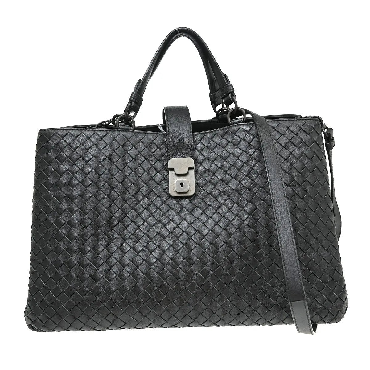 Bottega Veneta Roma Intrecciato Nappa Black Leather Handbag (Pre-Owned)