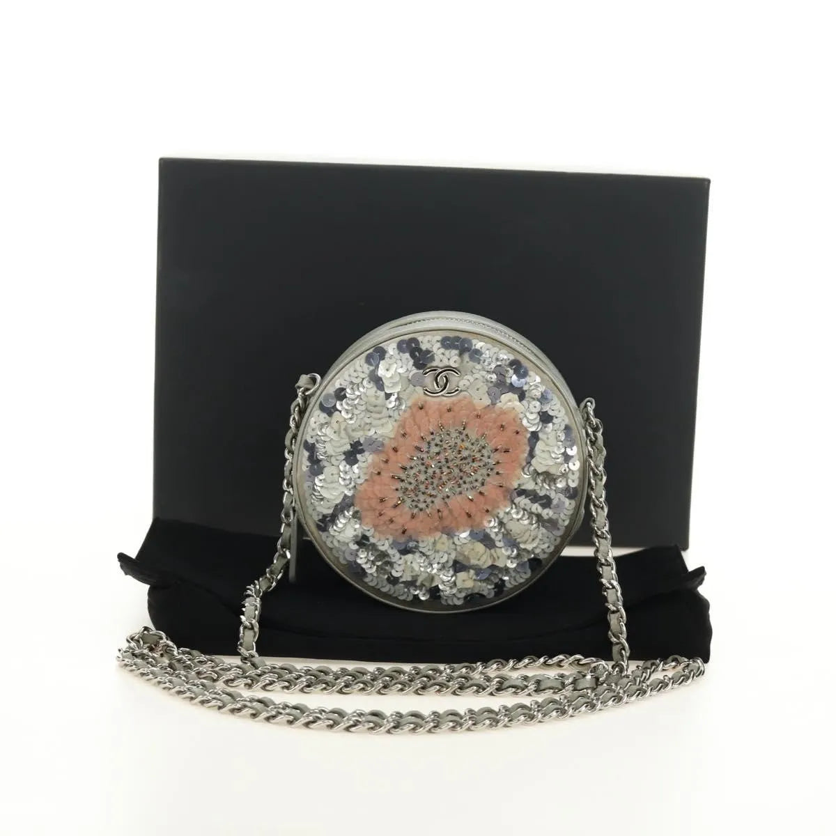 Chanel Round Clutch With Chain Sequins Gray Leather Clutche & Pouche Bag (Pre-Owned)