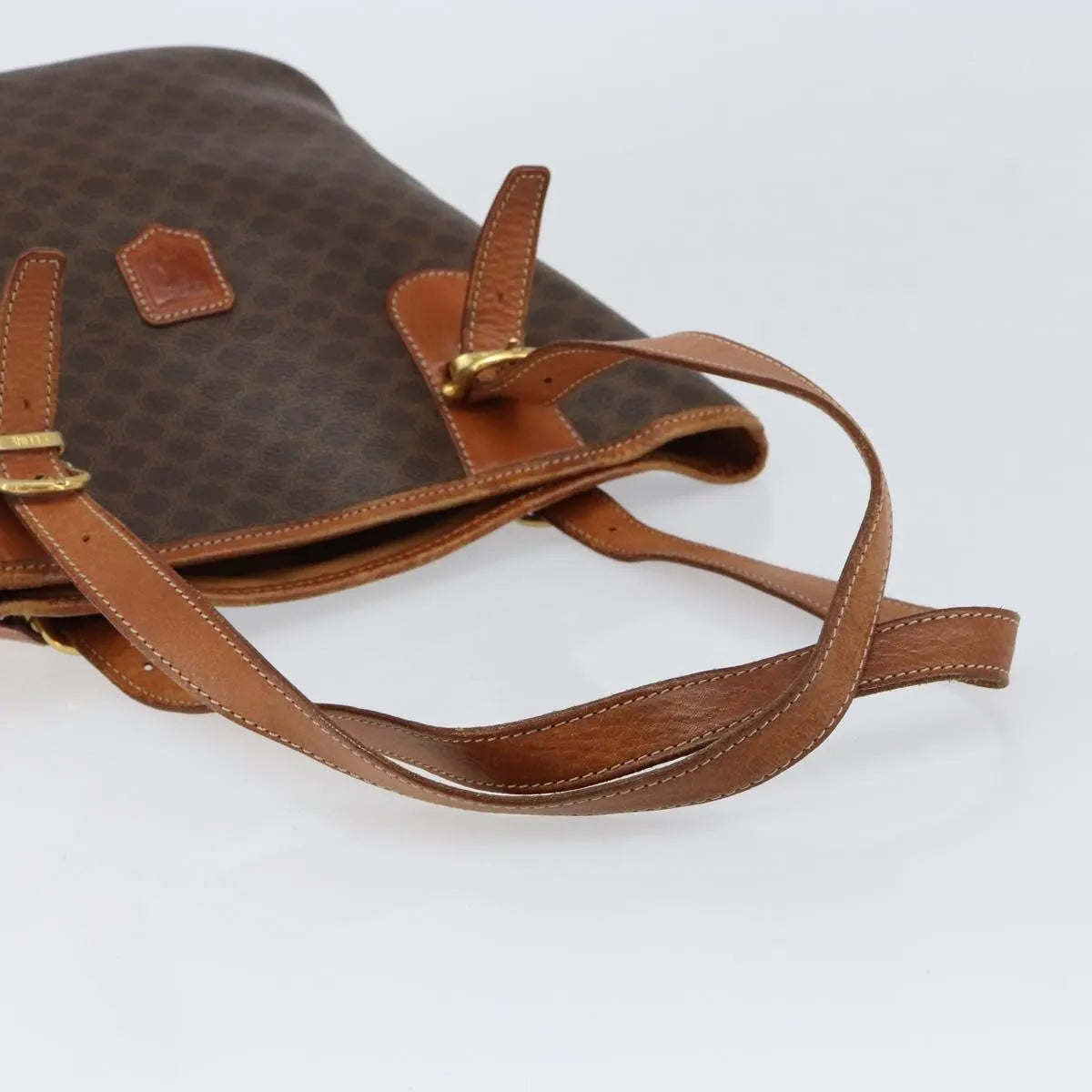 Celine Vintage Macadam Shopper Tote Canvas And Leather Brown Canvas Tote Bag Bag (Pre-Owned)