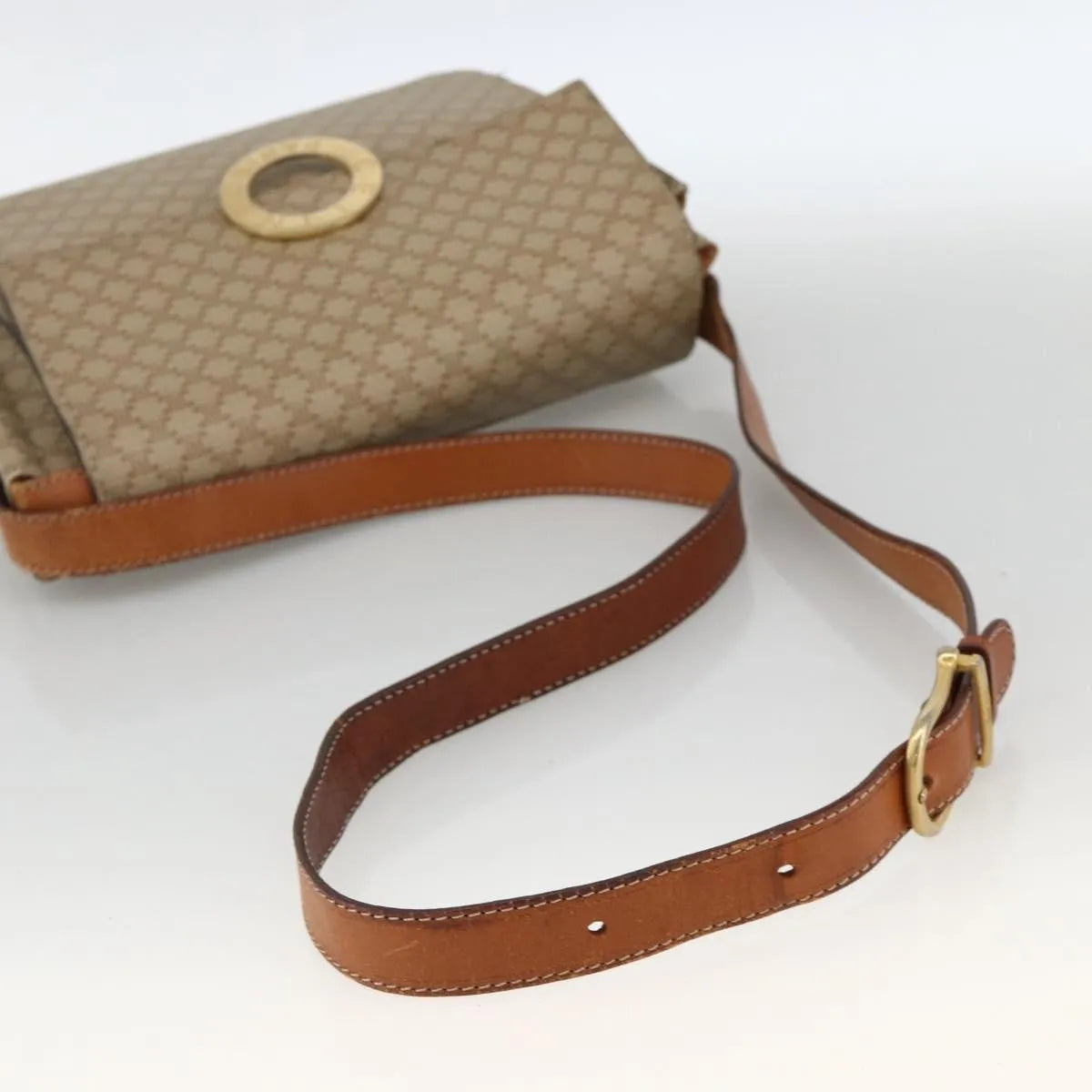 Celine Vintage Macadam Circle Logo Canvas And Leather Beige Canvas Shoulder Bag Bag (Pre-Owned)
