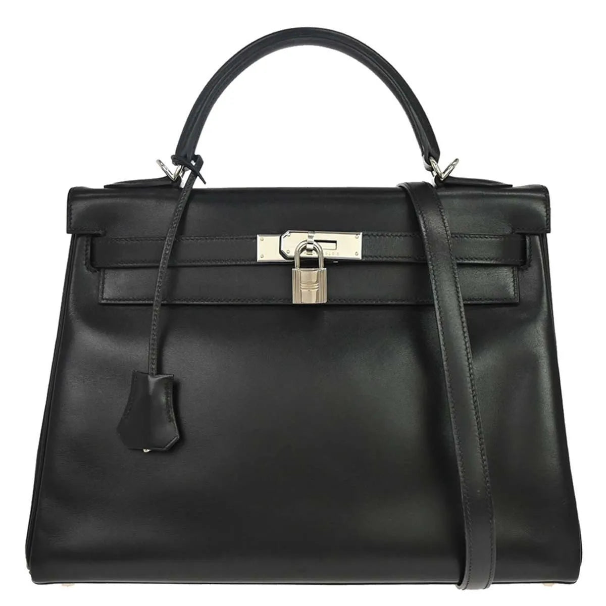 Hermes Kelly Handbag Black Box Calf With Palladium Hardware Black Leather Handbag (Pre-Owned)