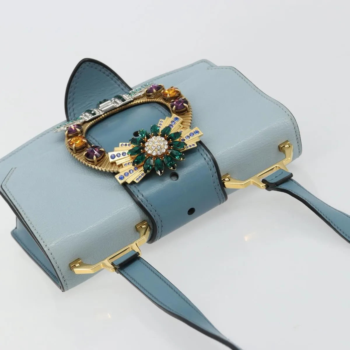 Miu Miu Madras Crystal Buckle Leather Blue Leather Shoulder Bag Bag (Pre-Owned)