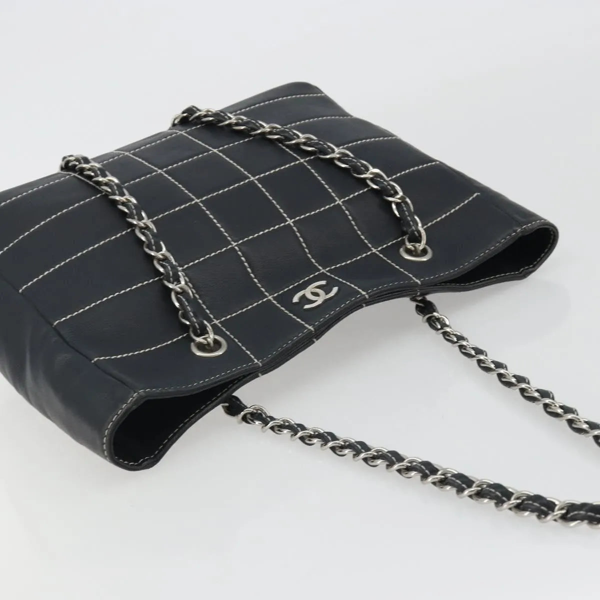 Chanel Vintage Chocolate Bar Tote Quilted Lambskin Navy Leather Tote Bag Bag (Pre-Owned)