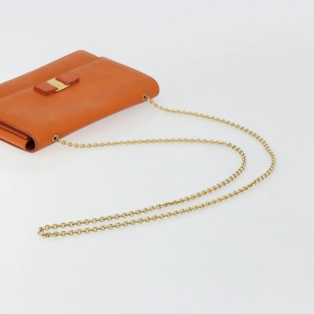 Salvatore Ferragamo Vara Bow Chain Clutch Leather Orange Leather Shoulder Bag Bag (Pre-Owned)