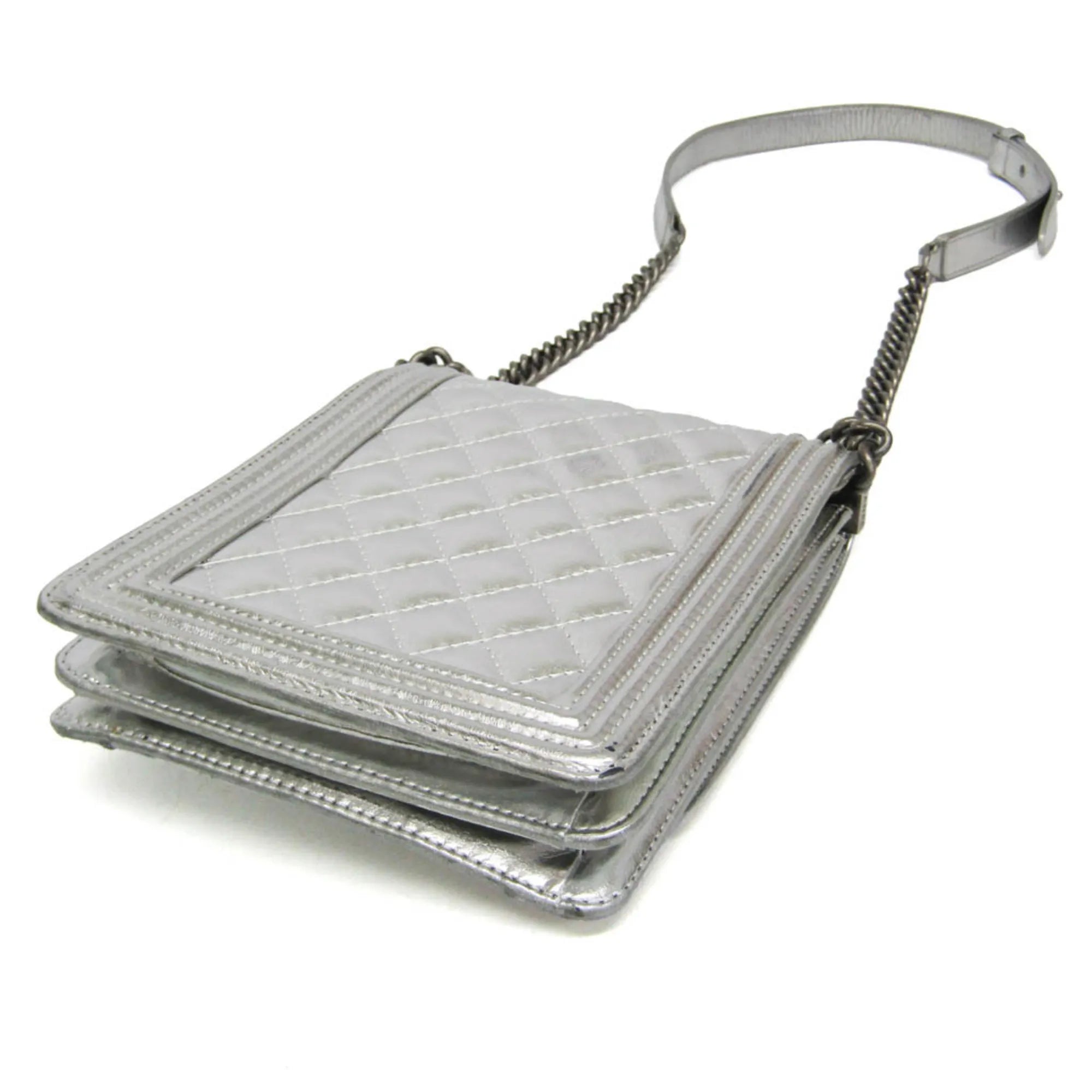 Chanel North South Boy Flap Quilted Metallic Calfskin Silver Leather Shoulder Bag Bag (Pre-Owned)