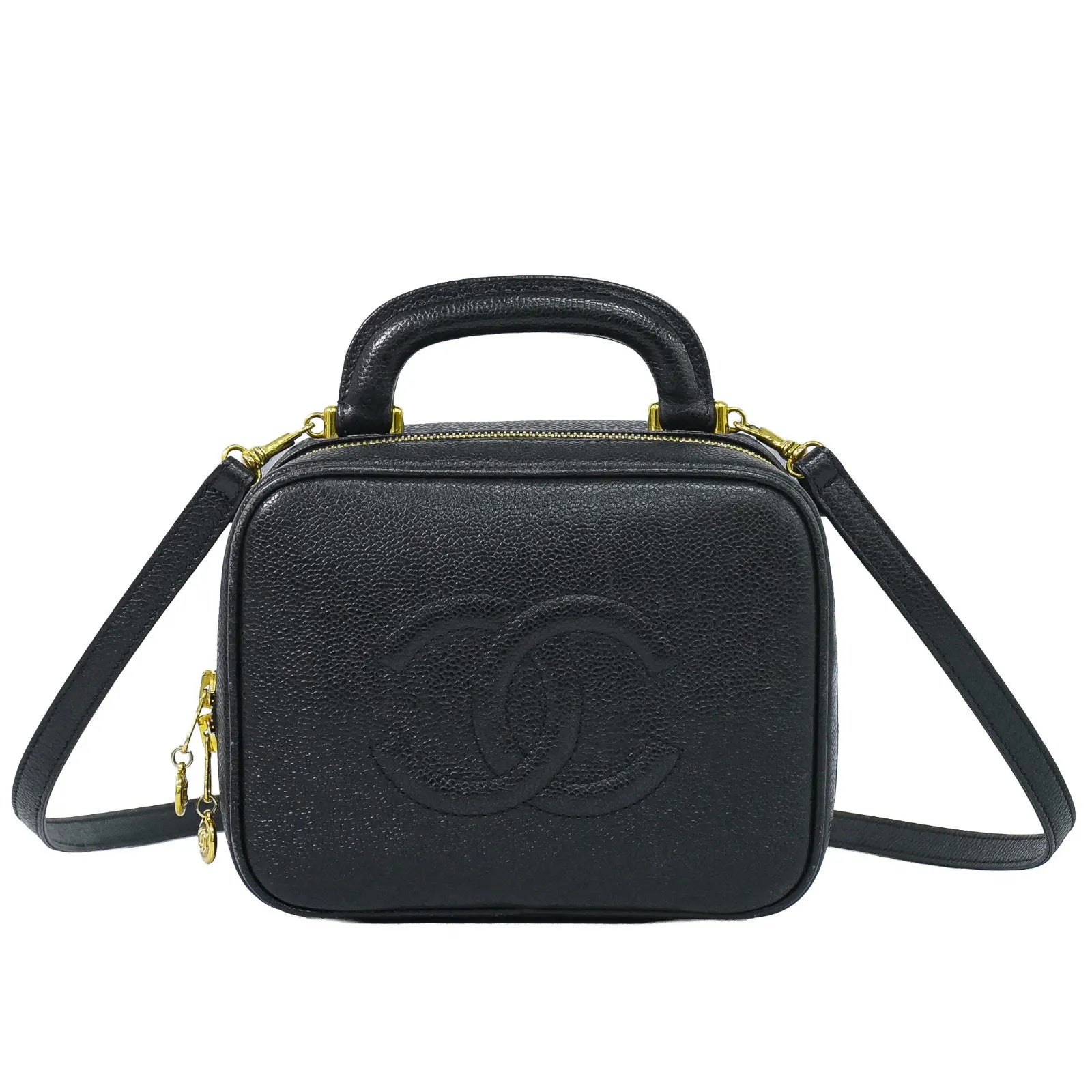 Chanel Vintage Timeless Zip Around Vanity Case Caviar Black Leather Handbag (Pre-Owned)