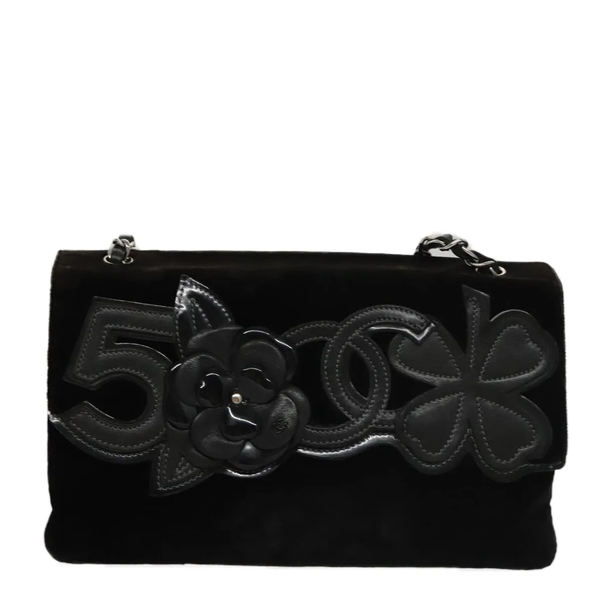Chanel Camellia No.5 Chain Flap Velvet Black Velvet Shoulder Bag Bag (Pre-Owned)