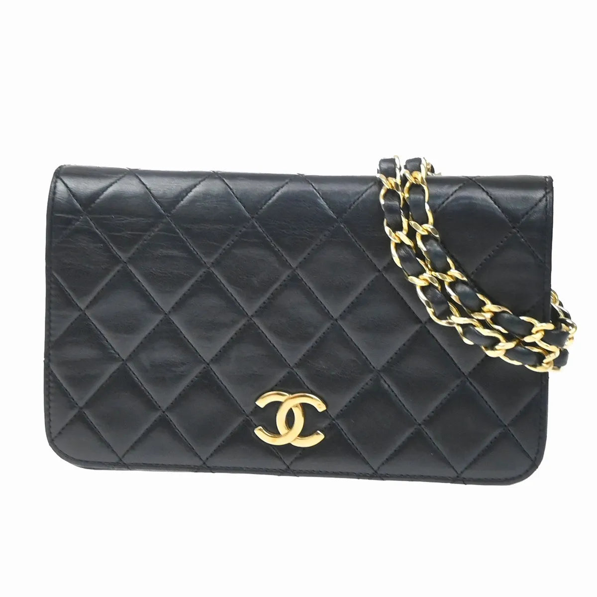 Chanel Vintage Full Flap Quilted Lambskin Black Leather Shoulder Bag Bag (Pre-Owned)