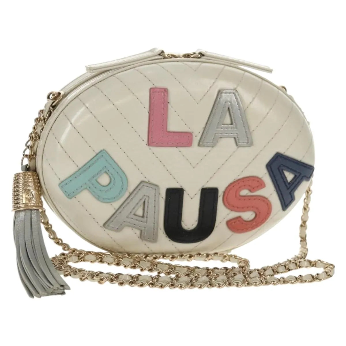 Chanel La Pausa Evening Chevron Lambskin With Applique White Leather Shoulder Bag Bag (Pre-Owned)