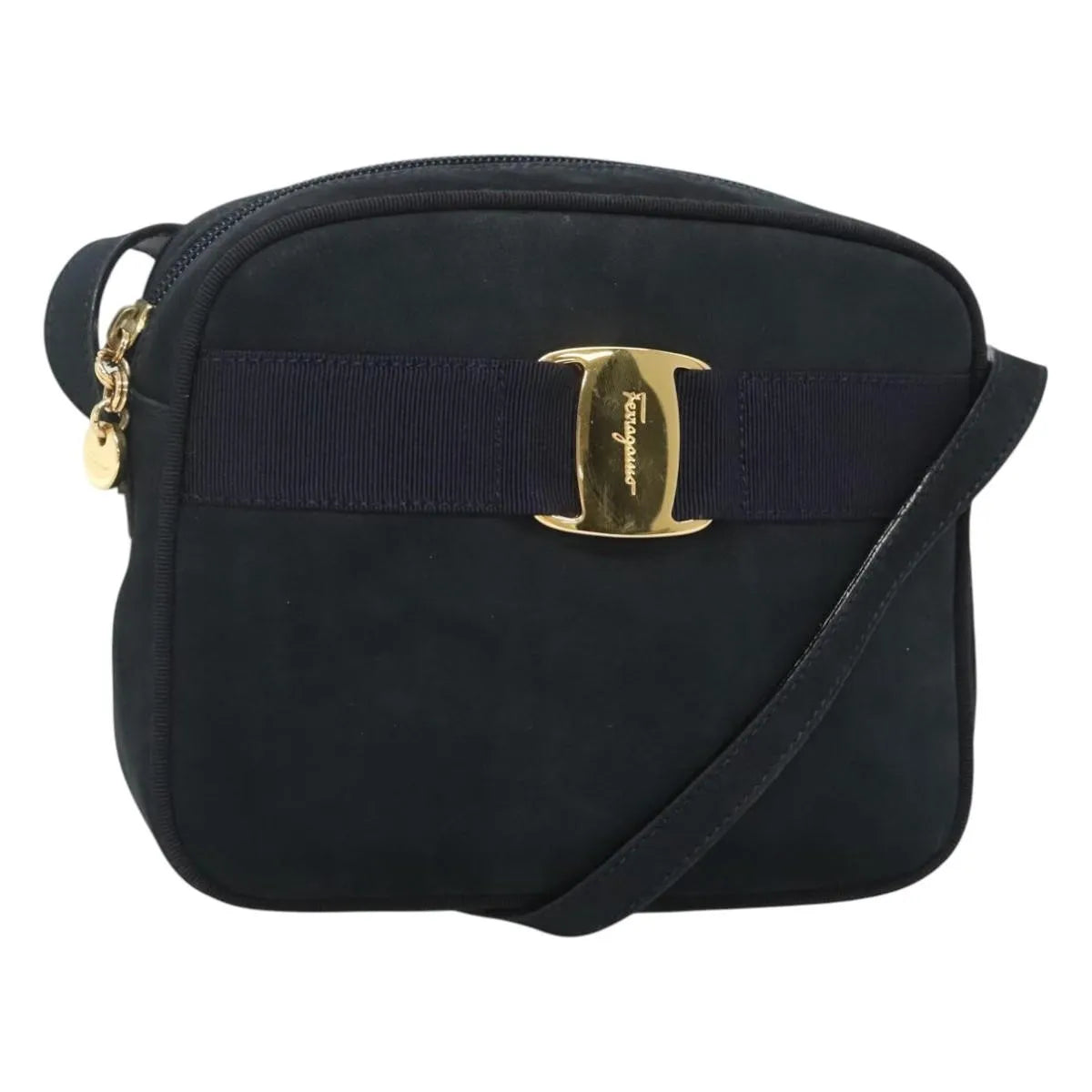 Salvatore Ferragamo Vara Bow Camera Suede Navy Suede Shoulder Bag Bag (Pre-Owned)