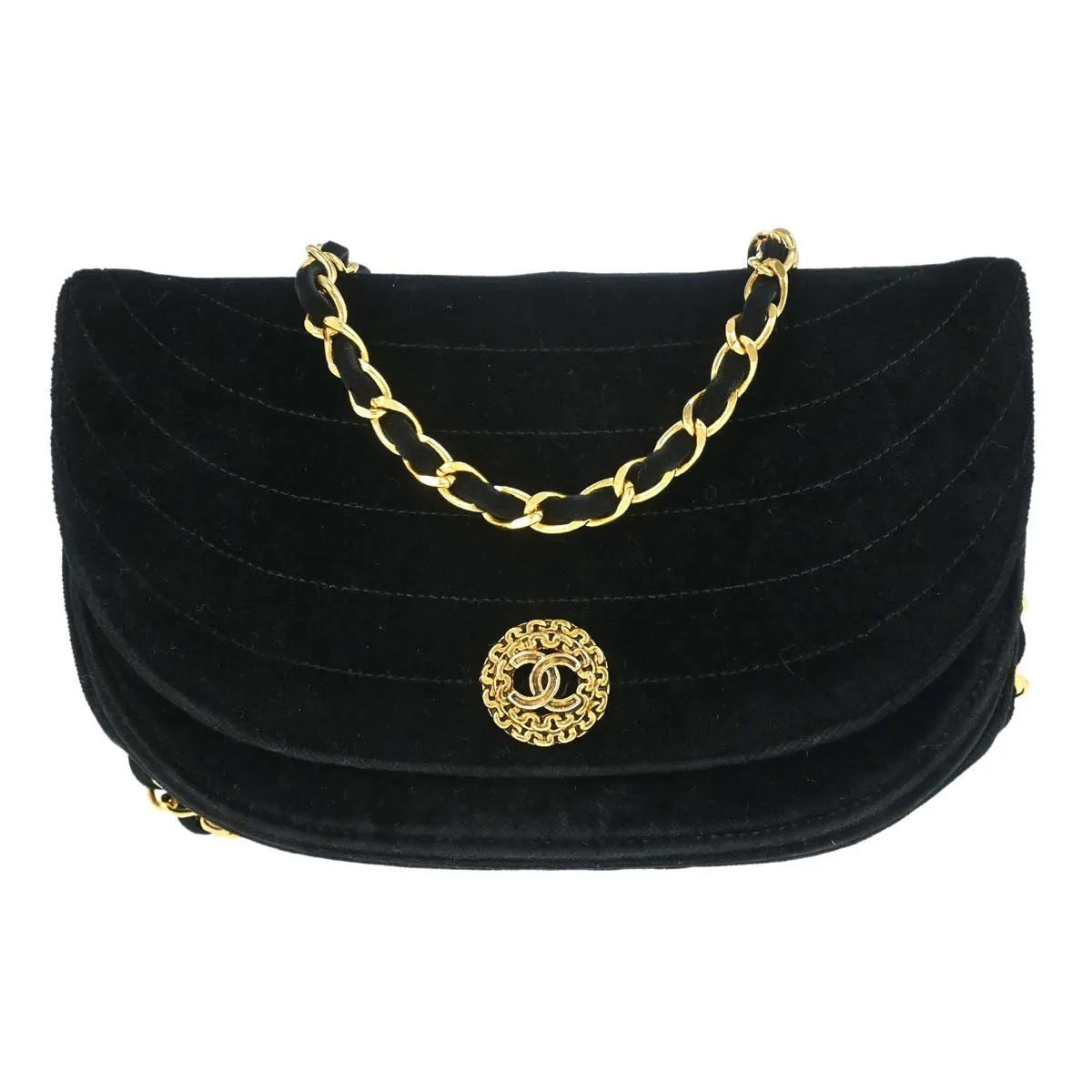 Chanel Vintage Crescent Flap Horizontal Quilted Velvet Black Velvet Shoulder Bag Bag (Pre-Owned)